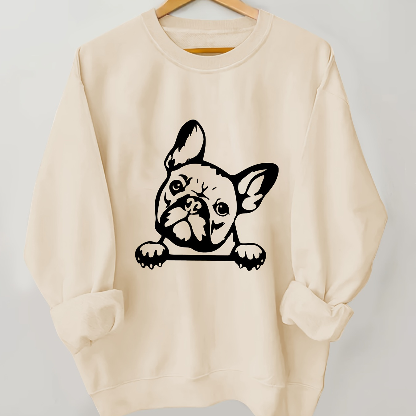 

Women's Casual Crew Neck Long Sleeve T-shirt With French Bulldog Print, 100% Polyester Knit Fabric, , 250gsm - Spring & Fall Fashion Top