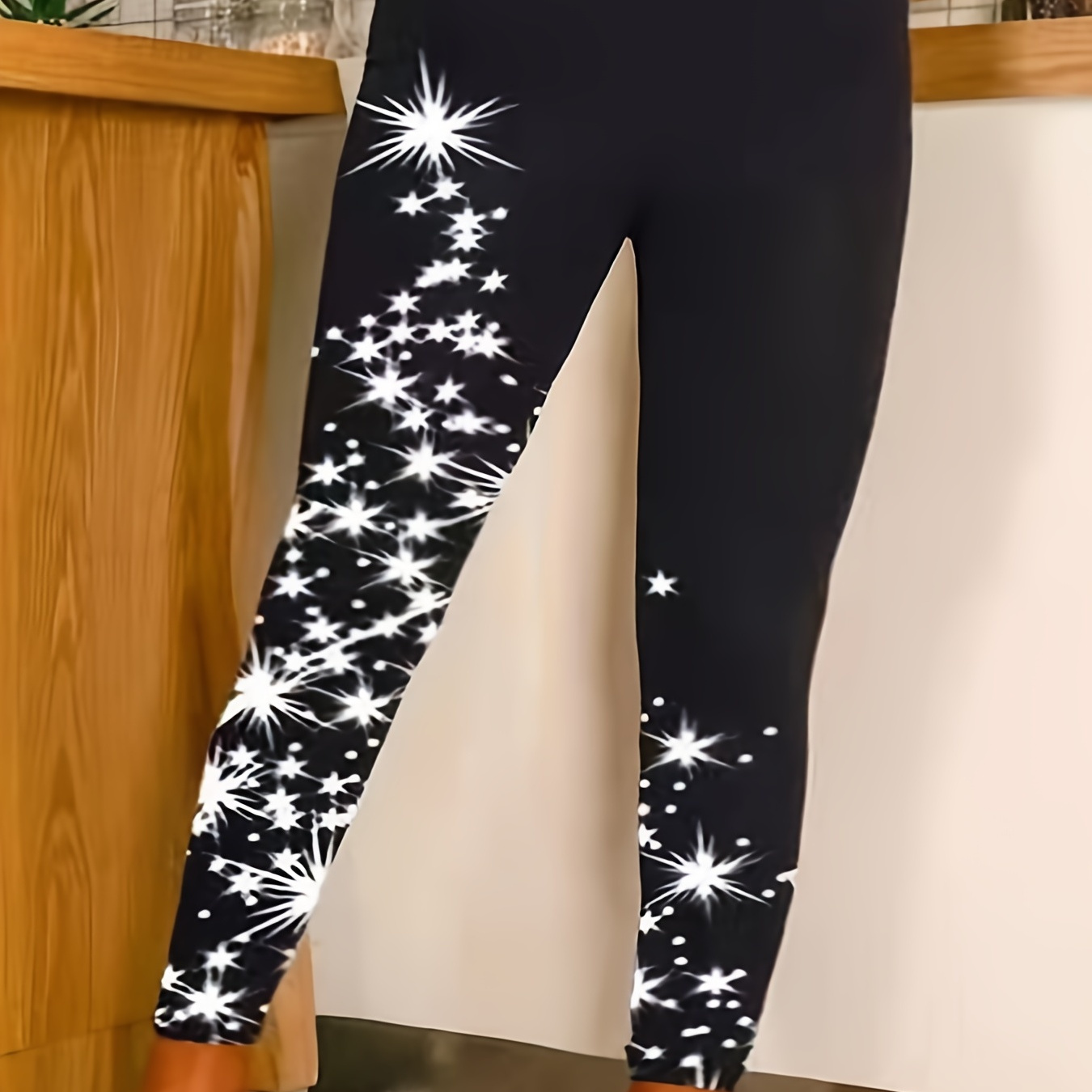 Plus Size Casual Leggings, Women's Plus Star Print High Rise High Stretch Skinny Leggings