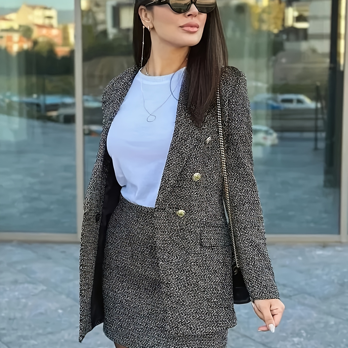 

Chic Women'-breasted Blazer & Mini Skirt Set - Casual Gray Tweed Outfit With Pockets, Polyester, Fall/winter