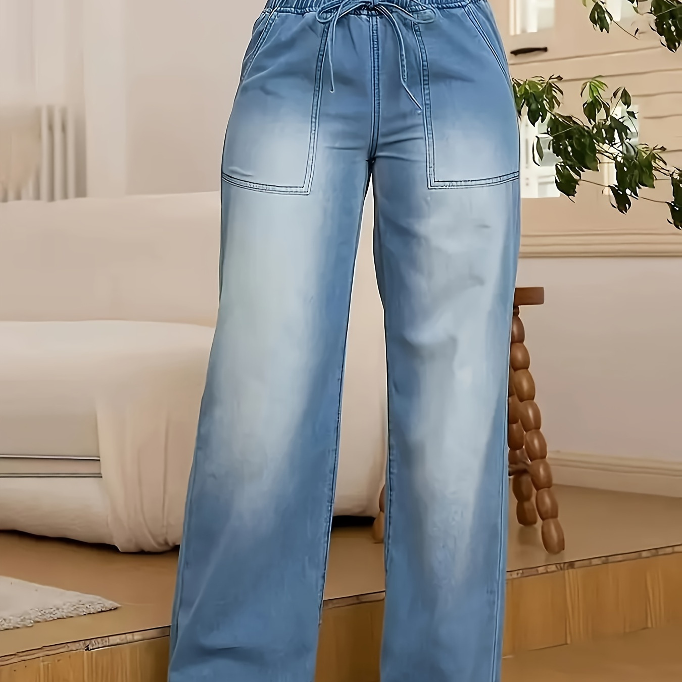 

Women's Gradient High Stretch Wide Leg Jeans With Drawstring Waist, Casual Solid Color Woven Denim Trousers