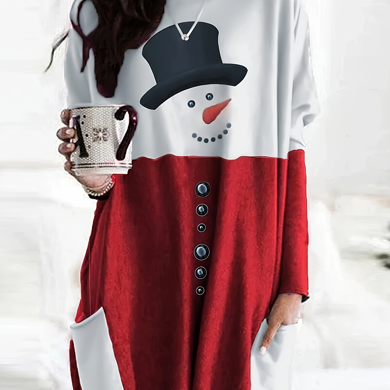 

Snowman Print Color Block Dress, Casual Dual Pockets Long Sleeve Crew Neck Dress, Women's Clothing