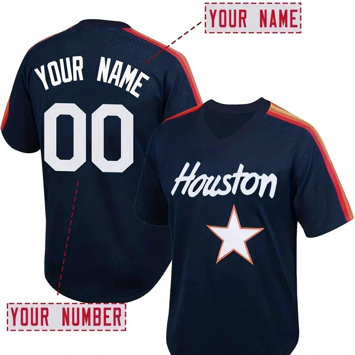

Customized Name And Number Design, Houston Embroidery Men's Short Sleeve Breathable V-neck Retro Baseball Jersey, Sports Shirt For Team Training