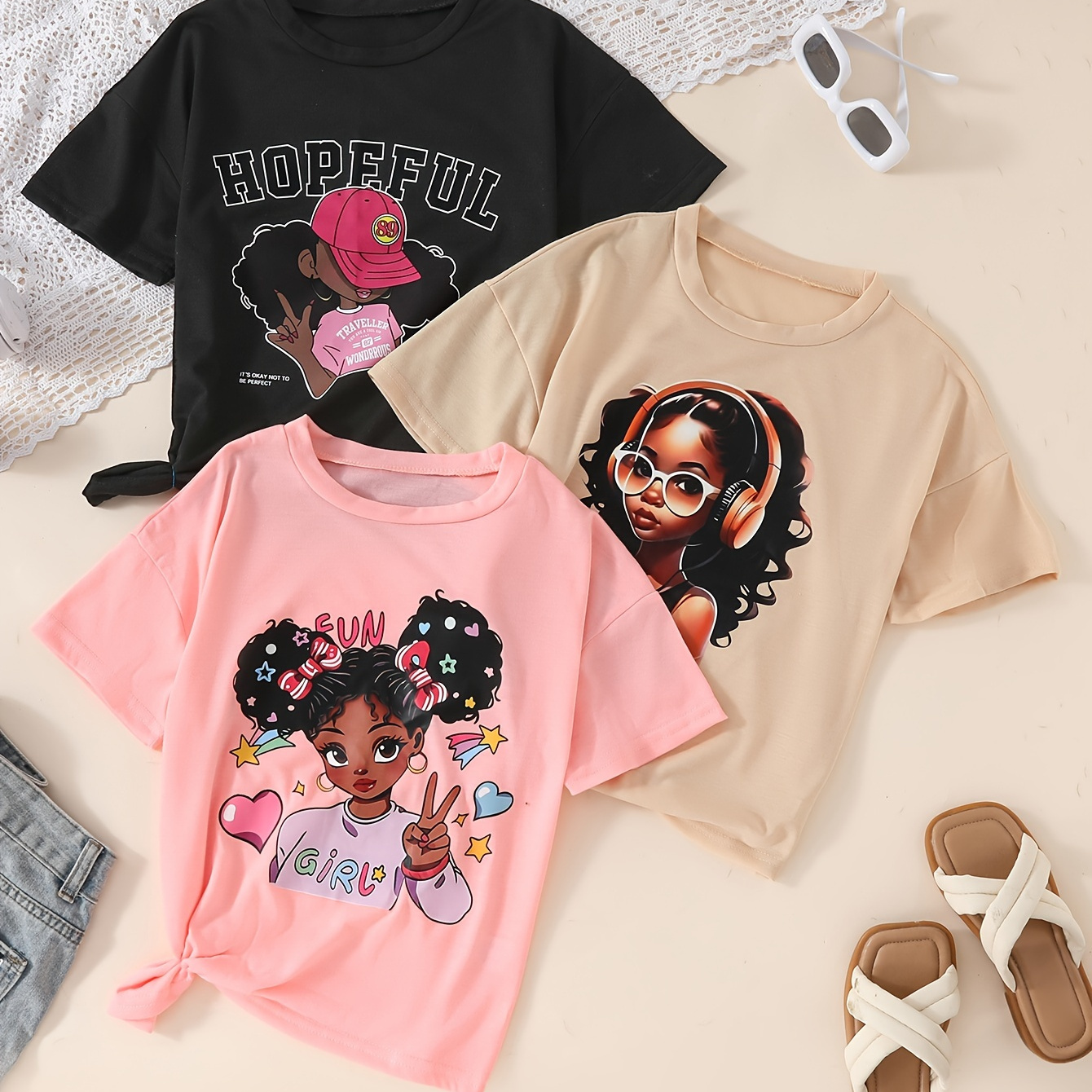 

3pcs Versatile Cartoon Girl Graphic Crew Neck Short Sleeve T-shirt Set For Girls Summer Gift Outdoor