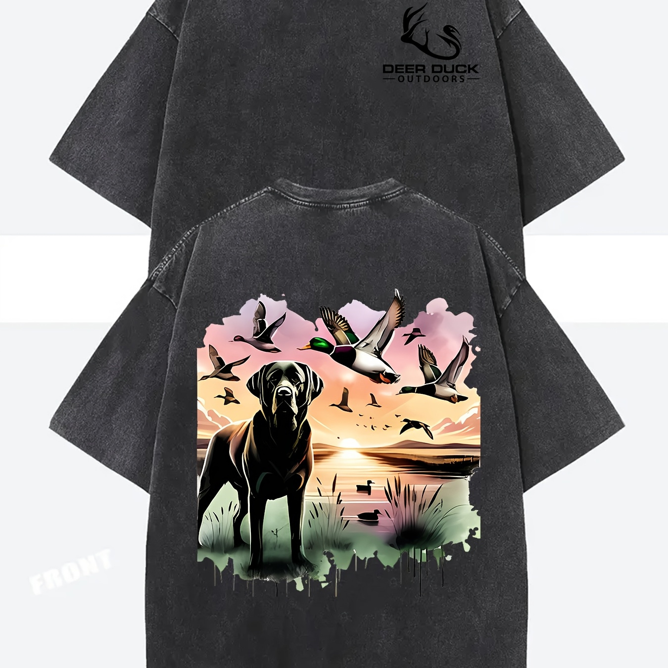 Men's Casual Graphic T-Shirt - 100% Cotton, Dual-Sided Print, Round Neck, Short Sleeve, Outdoor Duck Hunting Dog Design with Stylized Ducks & Sunset Scene, Purple, Streetwear Style, Machine Washable, Summer Tshirt | Trendy Casualwear | 100% Cotton Tee