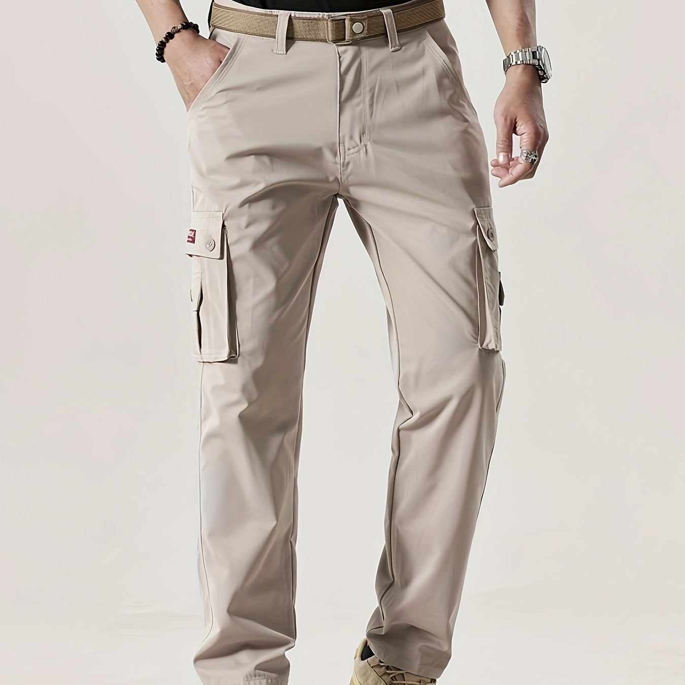 

Solid Multi Flap Pockets Men's Straight Leg Cargo Pants, Loose Casual Outdoor Pants, Men's Work Pants For Hiking Fishing Angling