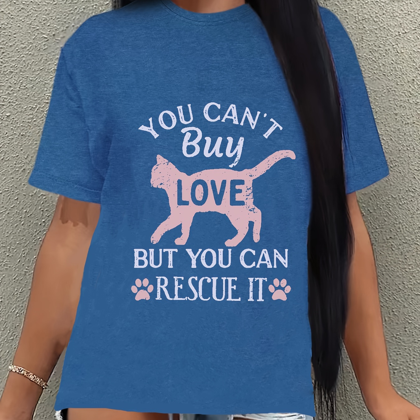 

Plus Size Cat & Letter Print T-shirt, Casual Short Sleeve Top For Spring & Summer, Women's Plus Size Clothing