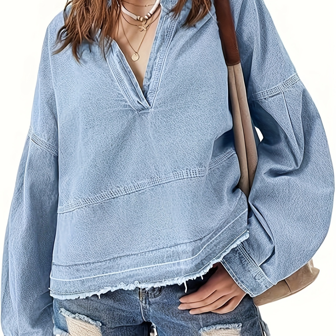 

Womens Denim Tops Pullover Trendy Casual V Neck Loose Fit Puff Sleeve Jean Cotton Shirts