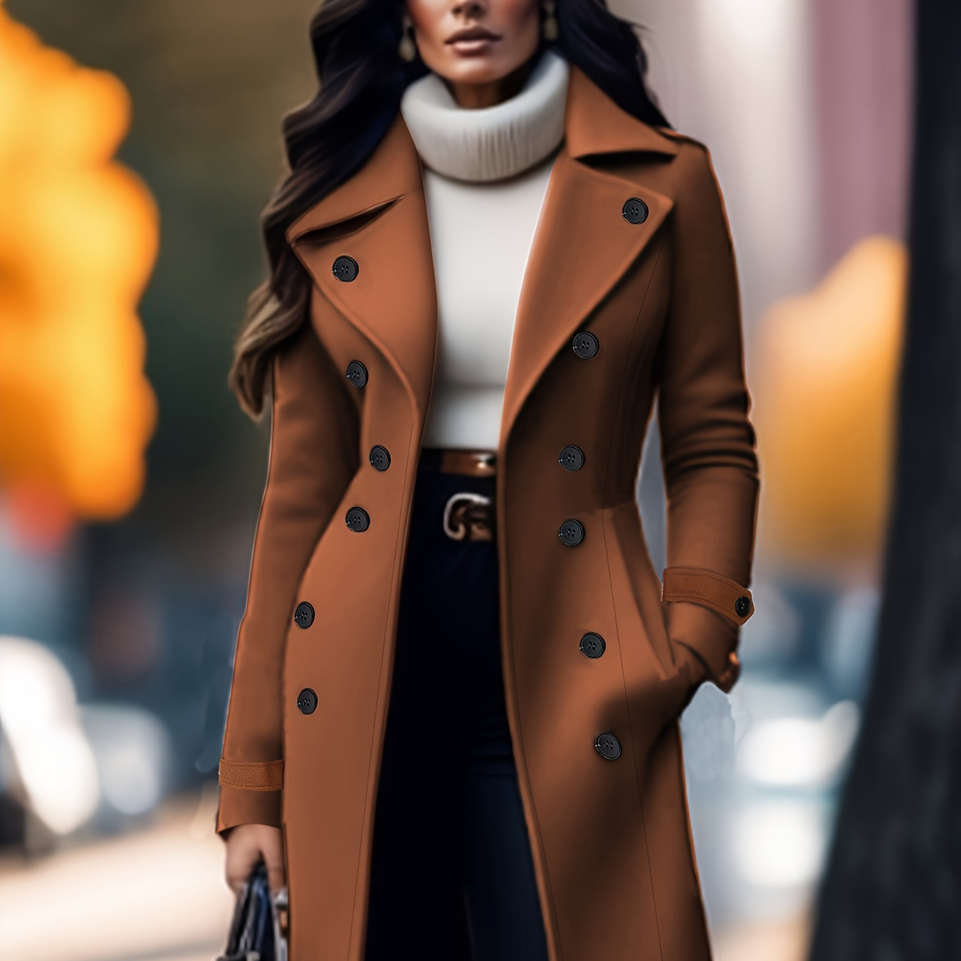 

Elegant Solid Color Double-breasted Overcoat For Women - Polyester, Machine Washable, Non-stretch Fabric - Fall/winter