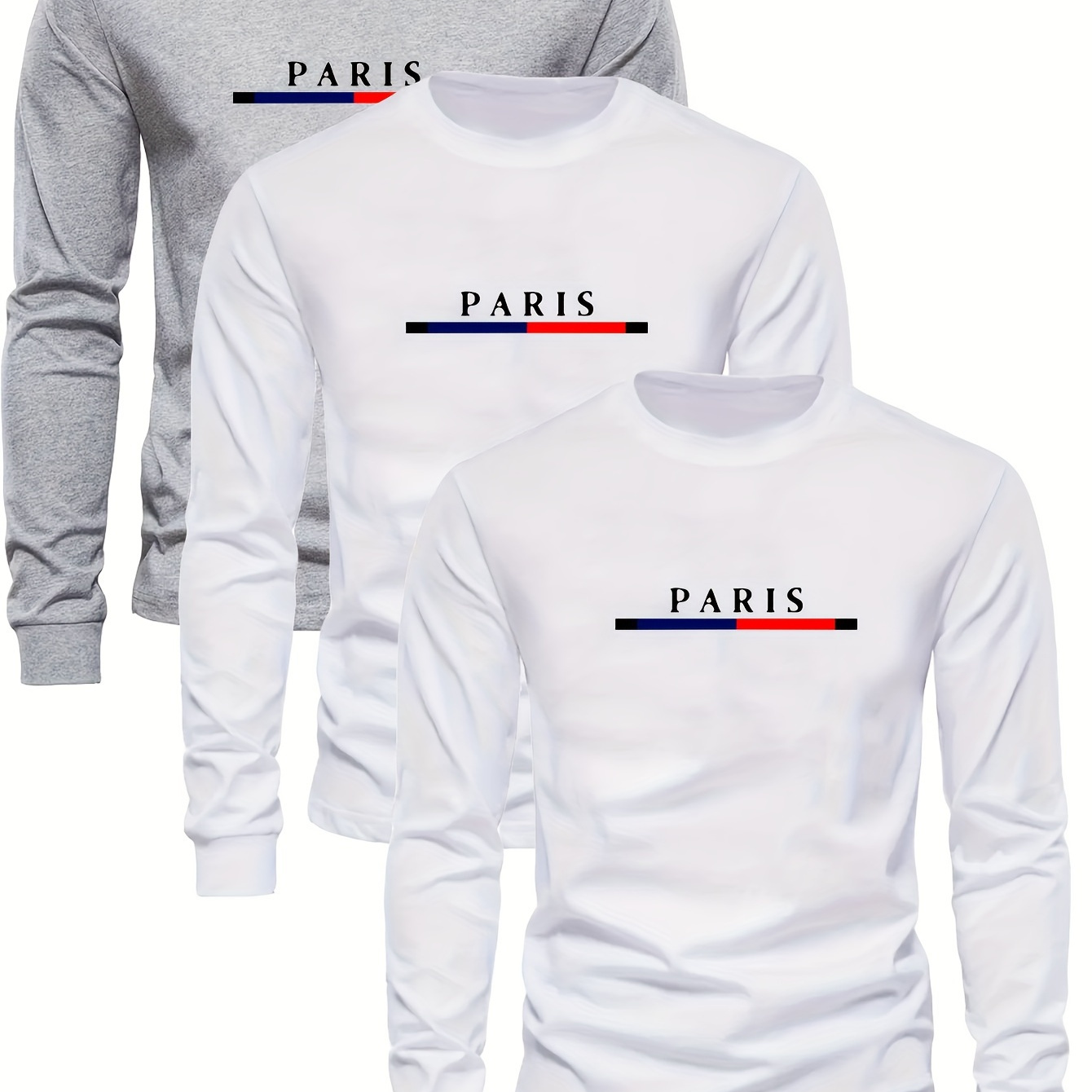 

Paris Lettering Graphic Print Sweatshirt Set For Men, Casual Long Sleeve Crewneck, Polyester Knit Fabric, Regular Fit, Breathable Comfort, Outdoor Sports Apparel, Gift Idea - 3 Pack