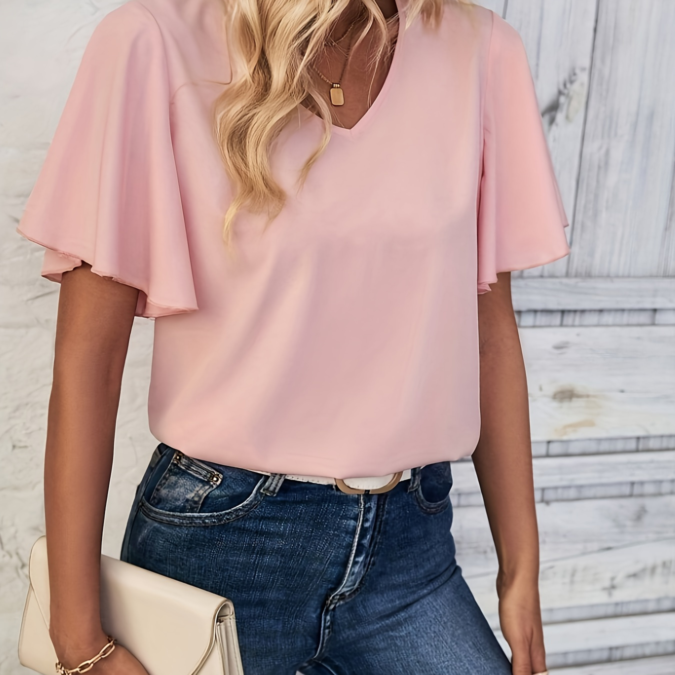 

Solid Color V-neck Blouse, Elegant Flutter Sleeve Blouse For Spring & Fall, Women's Clothing