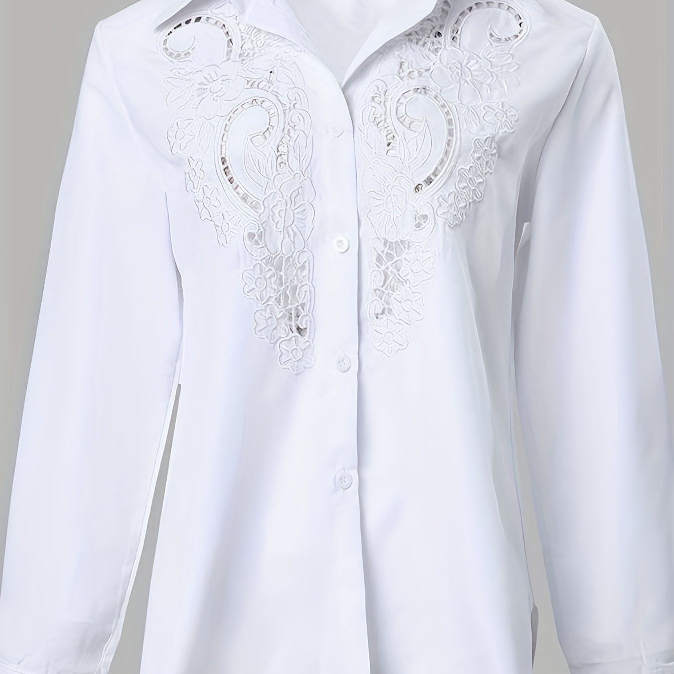 

Contrast Lace Solid Shirt, Casual Button Front Long Sleeve Shirt, Women's Clothing
