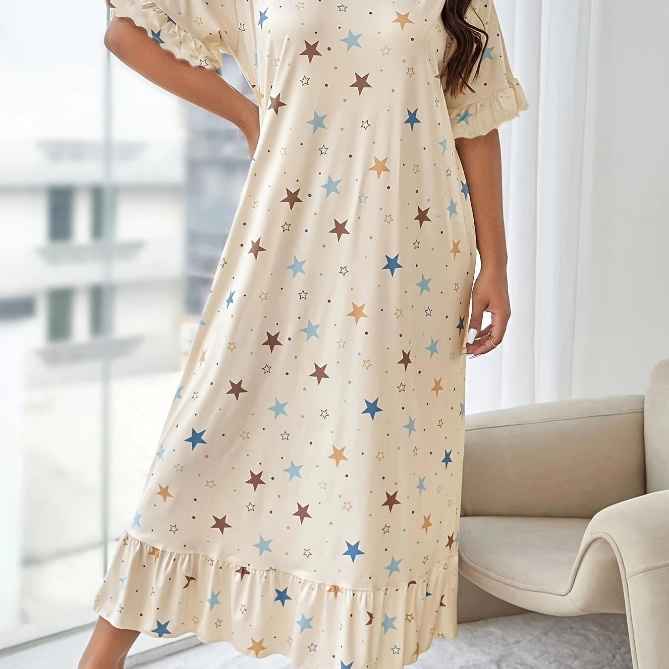 

Plus-size Women's Starry Night Ruffle Hem Sleep Dress - Comfortable Short Sleeve, Round Neck, Polyester & Elastane , Machine Washable, Nightgown In With Blue And , Plus Size Nightgown