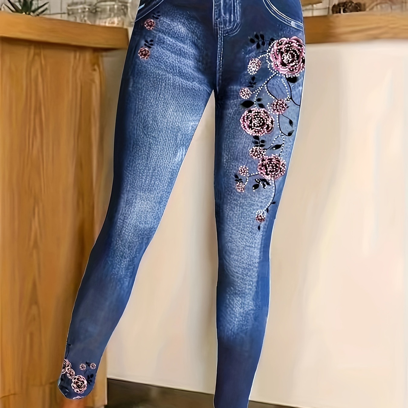 

Faux leggings skinny en denim à imprimé floral, leggings décontractés taille haute extensibles, vêtements pour femmes