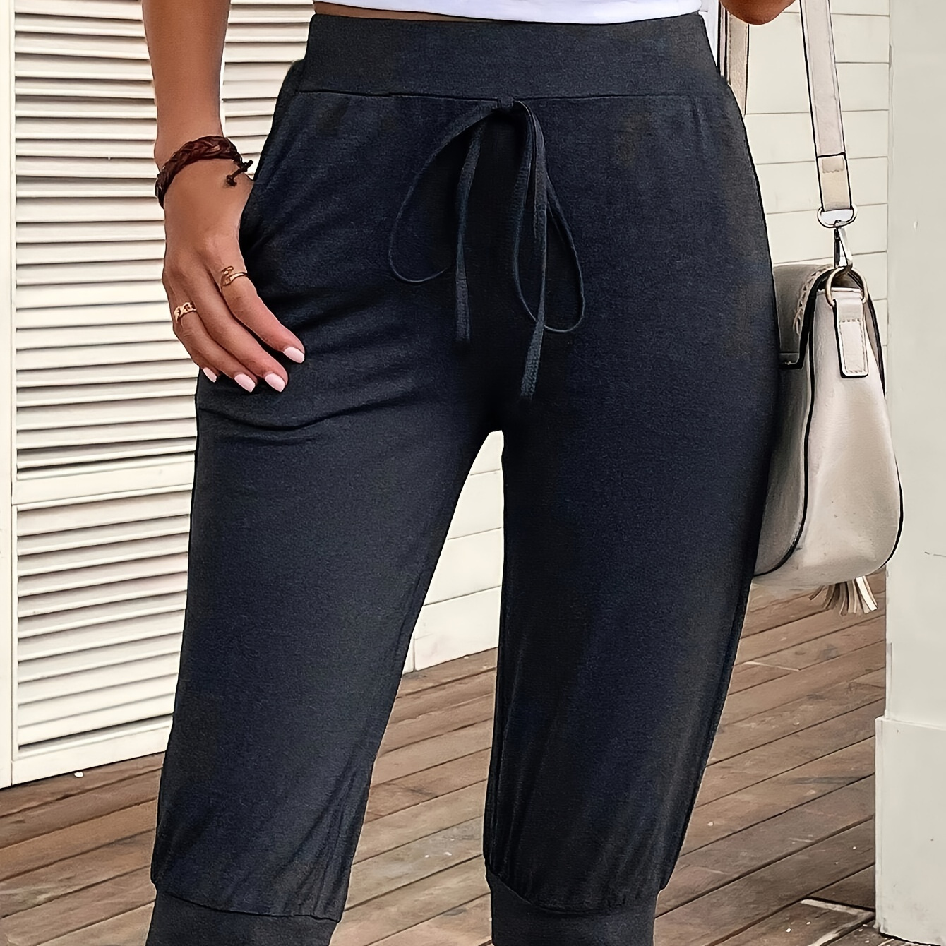 

Solid Slant Pocket Knee Length Shorts, Casual High Waist Knot Detail Shorts, Women's Clothing