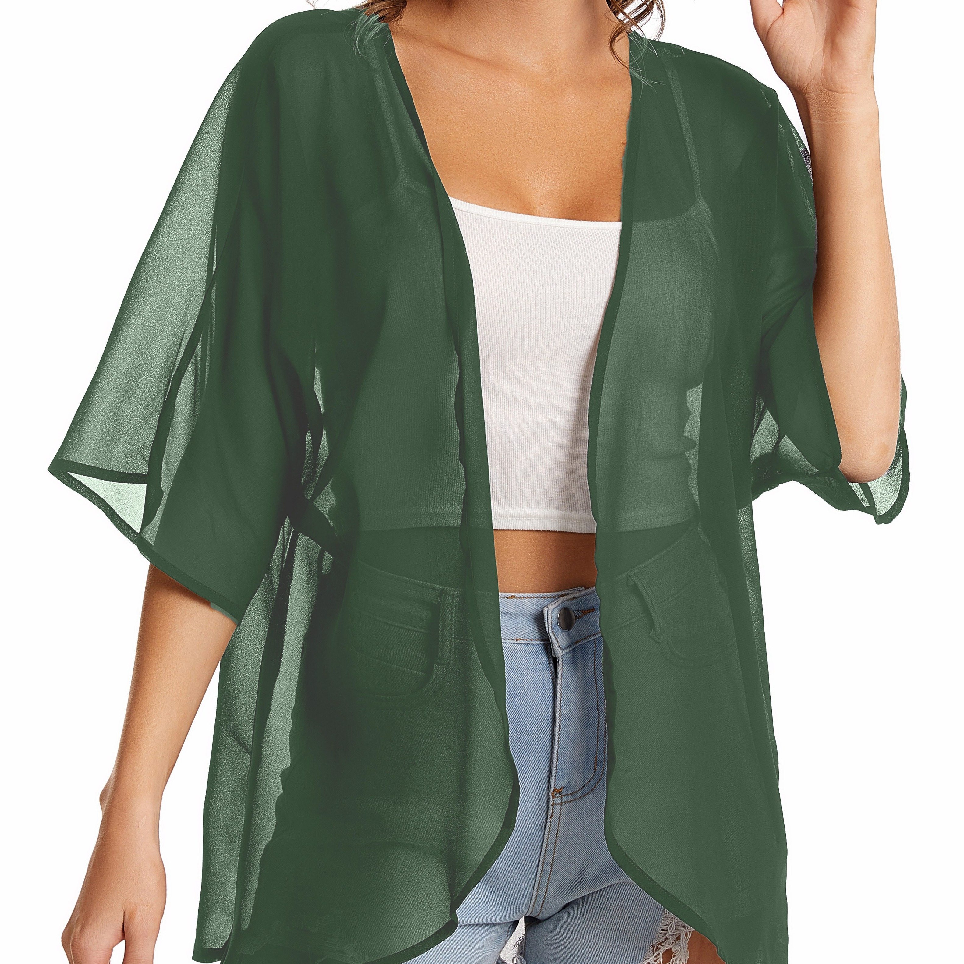 

Solid Color Half Sleeve Sheer Kimono For Beach, Chiffon Loose Elegant Cardigan Cover Up, Women's Swimwear & Clothing
