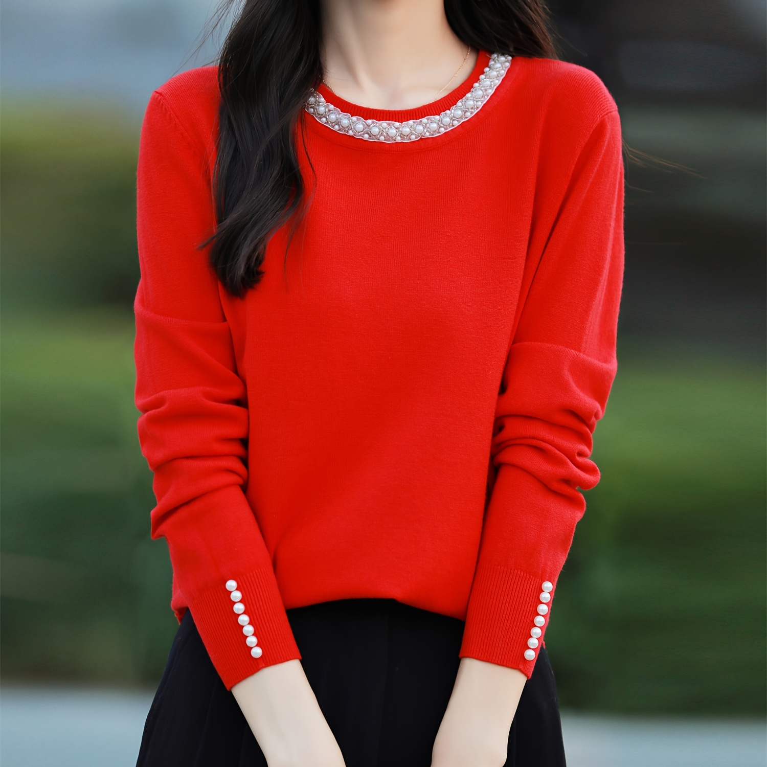 

Chic Beaded Long Sleeve Knit Top For Women - Casual Solid Color, Stretchy Viscose , Fall & Winter