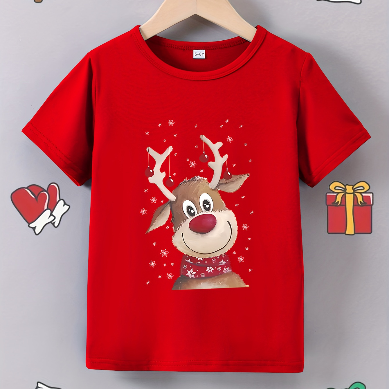 

Girls' Summer Reindeer Print T-shirt - Soft Polyester , Round Neck, Short Sleeve - Christmas