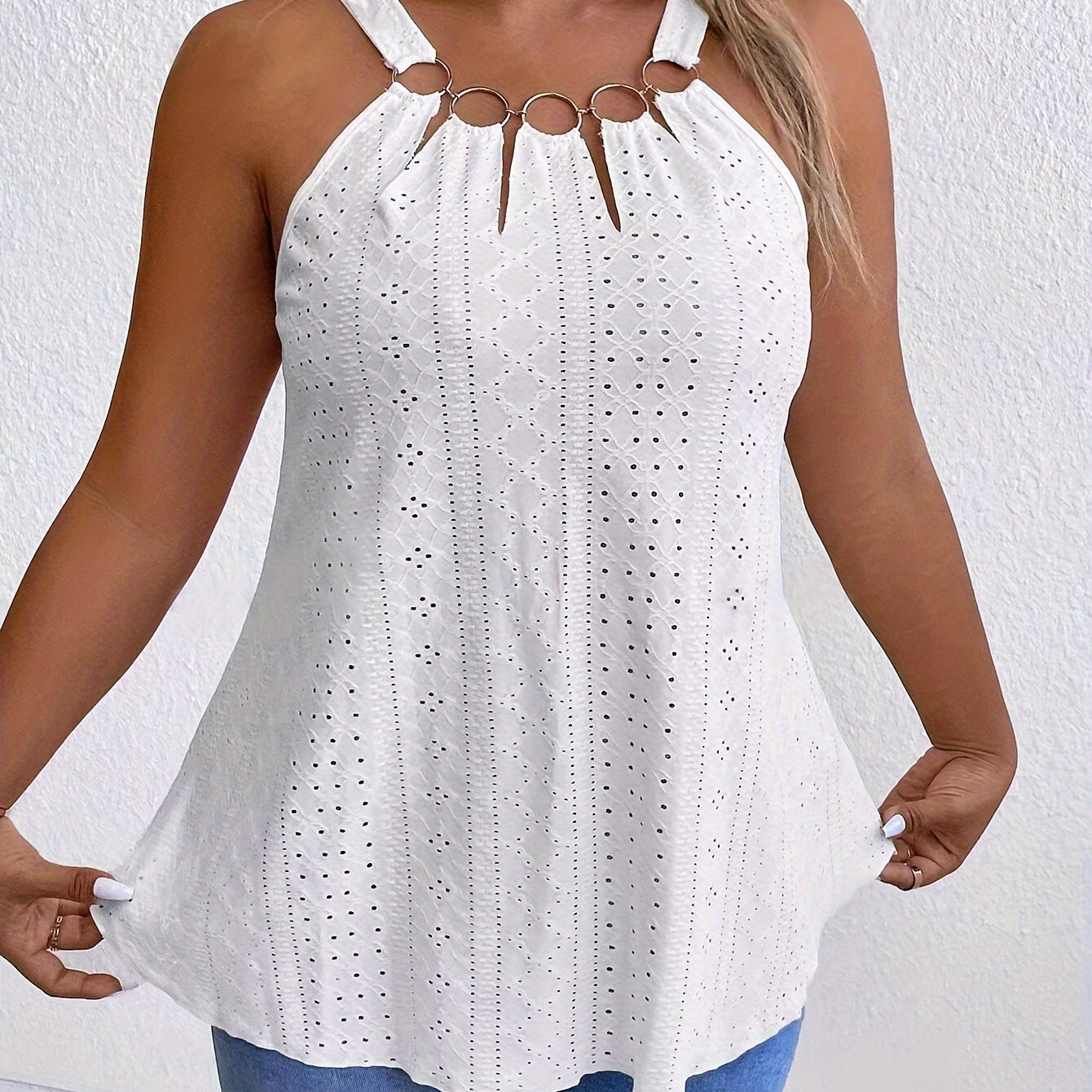 

Plus Size Eyelet Embroidery Cami Top, Casual Ring Linked Sleeveless Top For Summer, Women's Plus Size clothing