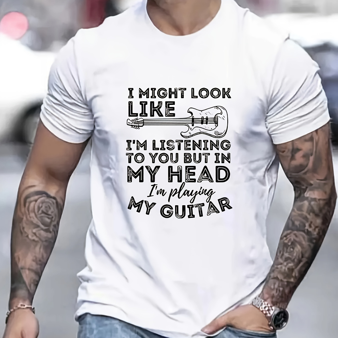 

But In My Head I'm Playing My Guitar Print T Shirt, Tees For Men, Casual Short Sleeve T-shirt For Summer