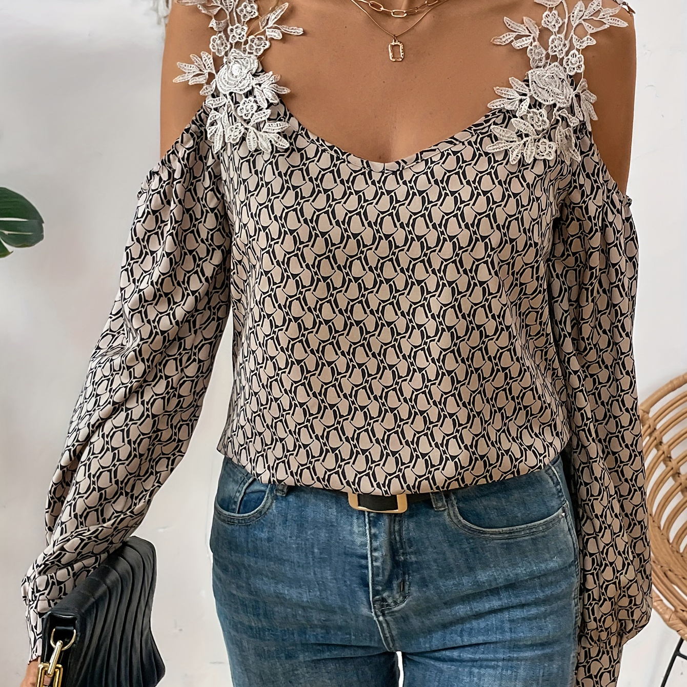 

Allover Print Lace Stitching V-neck Blouse, Elegant Cold Shoulder Long Sleeve Blouse For Spring & Fall, Women's Clothing