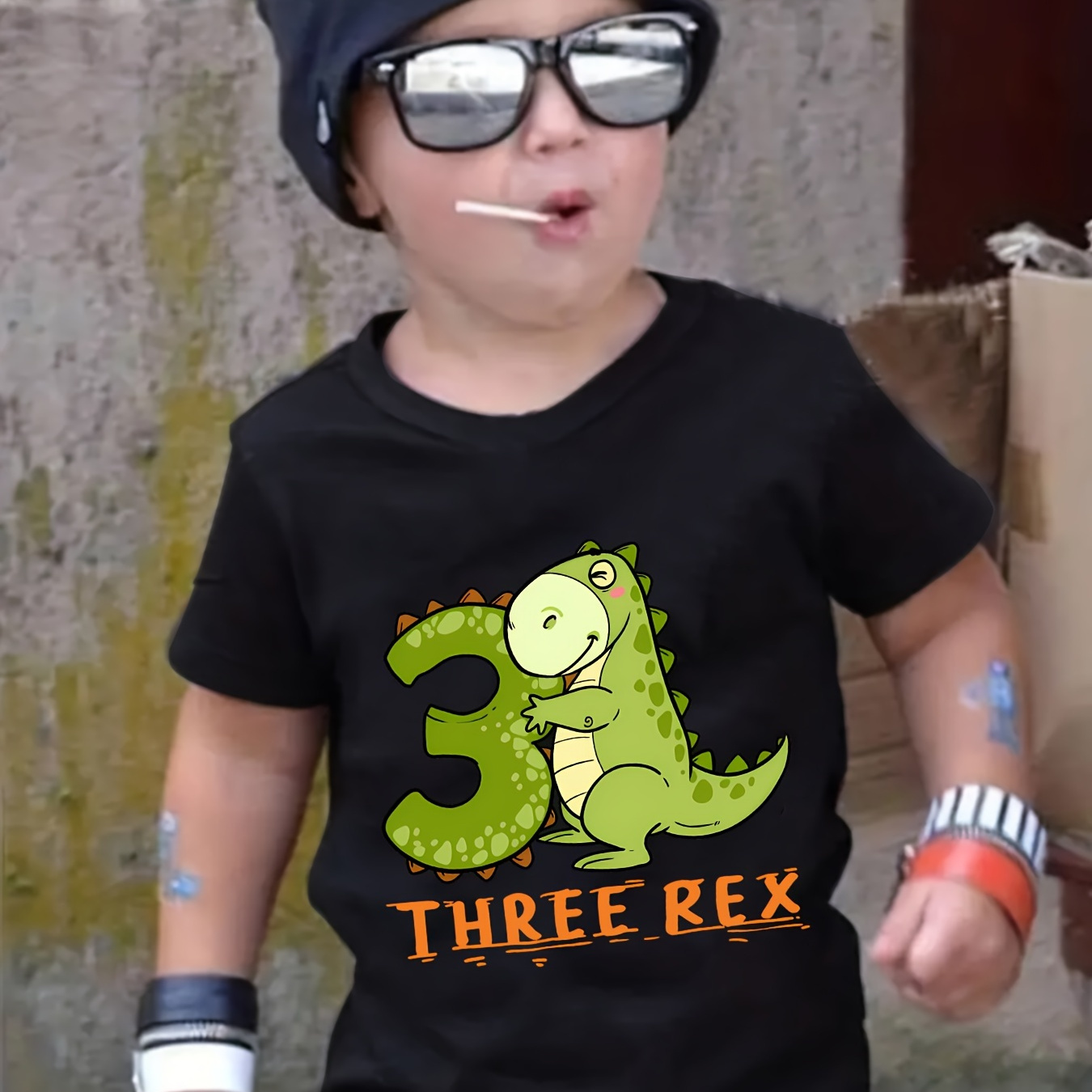 

Casual Comfy Boy's Summer Top - 3 Rex Cartoon Dinosaur Print Short Sleeve Crew Neck T-shirt - Creative Tee Birthday Gift