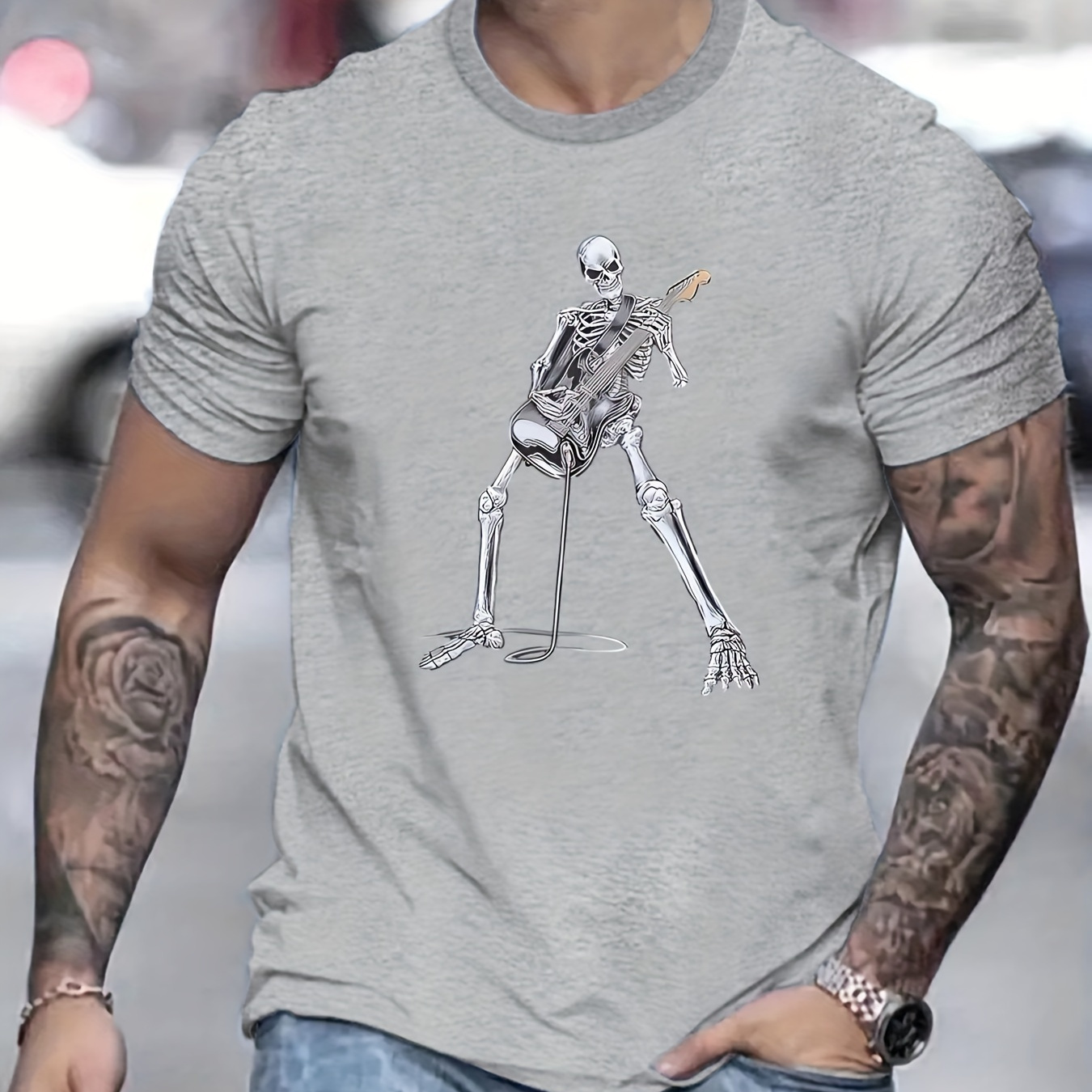 

Cartoon Skeleton Playing The Guitar Graphic Print, Men's Novel Graphic Design T-shirt, Casual Comfy Tees For Summer, Men's Clothing Tops For Daily Activities