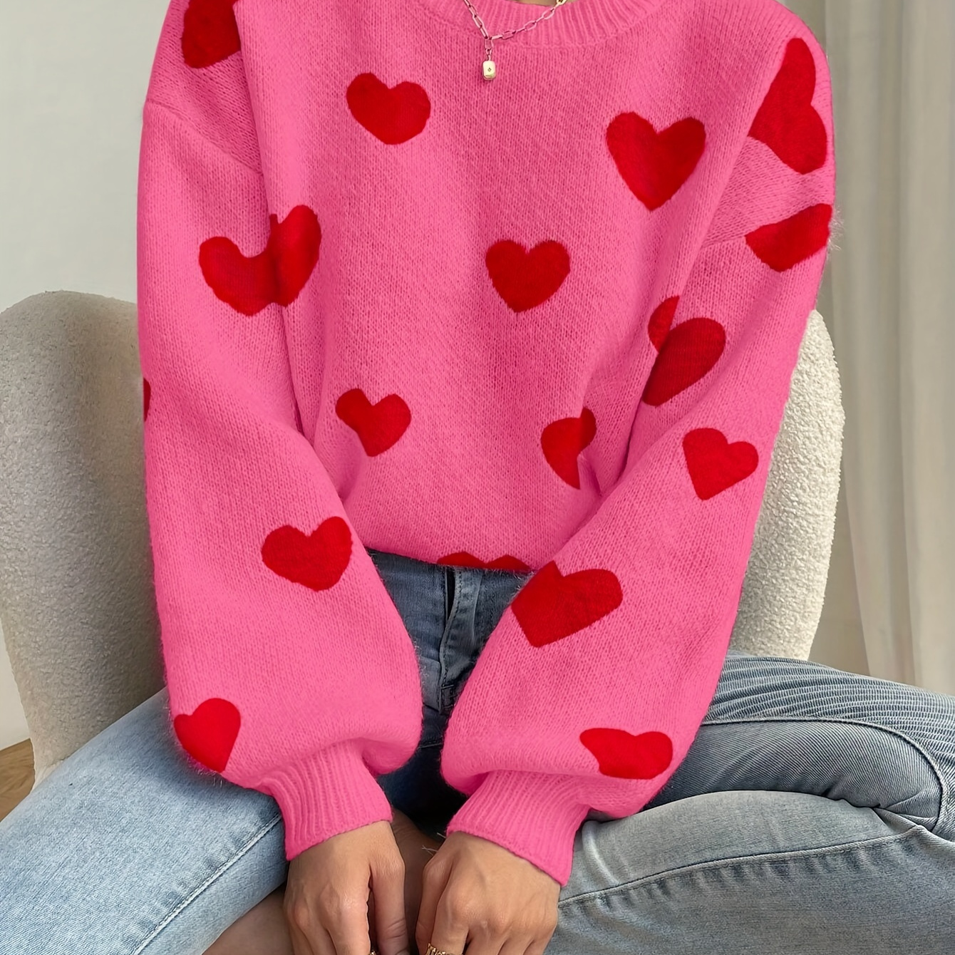 

Women' Knit Sweater, Pink With Red Heart Pattern, Round Neck, Long Sleeve, Elegant Middle Style, Nylon Material, Autumn/