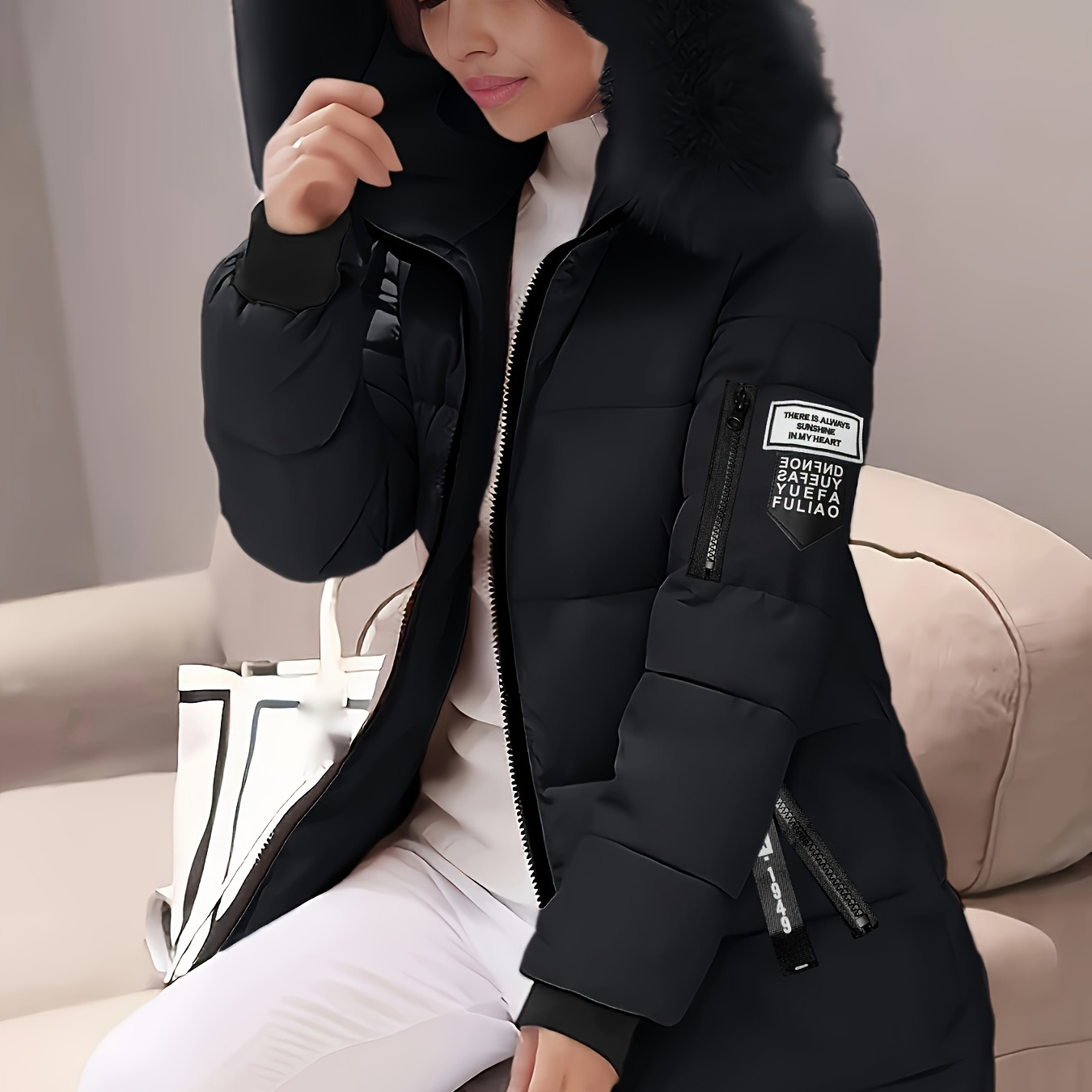 

Zip-up Fuzzy Trim Hoodie Puffy Coat, Casual Long Sleeve Zipper Pockets Insulated Coat For Winter, Women's Clothing