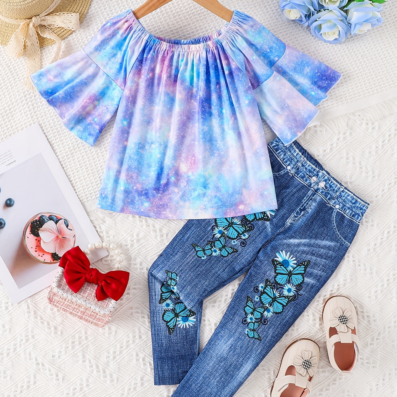 

Girls Starry Tie Dye 2pcs Set, Flare Sleeve T-shirt Top + Blue Denim Print Leggings Fashionable Girls Set