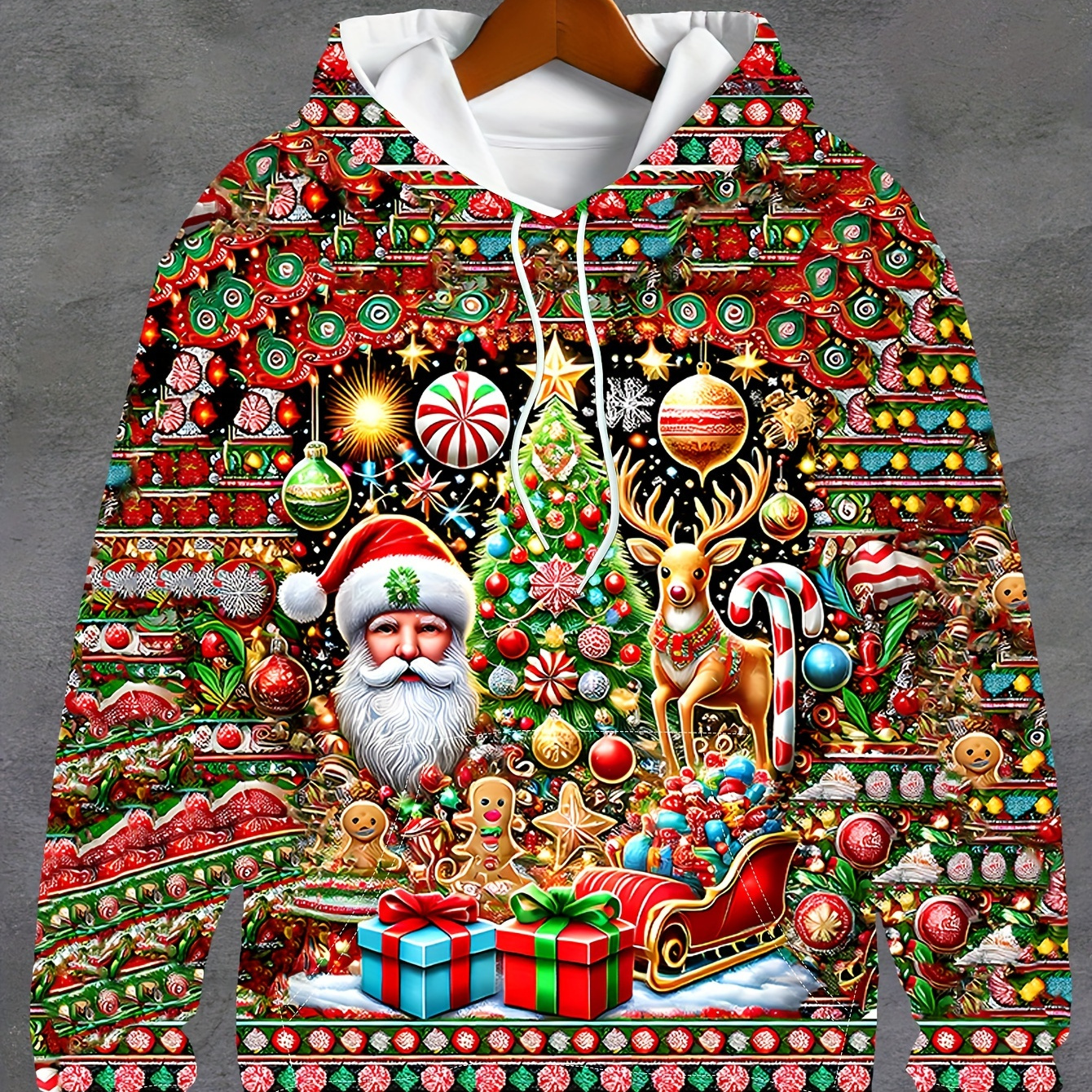 

Men's 3d Digital Christmas Theme Illustration Print Hooded Drawstring Sweatshirt With Kangaroo Pocket, Spring And Fall Sports Fashion Hoodie For Male