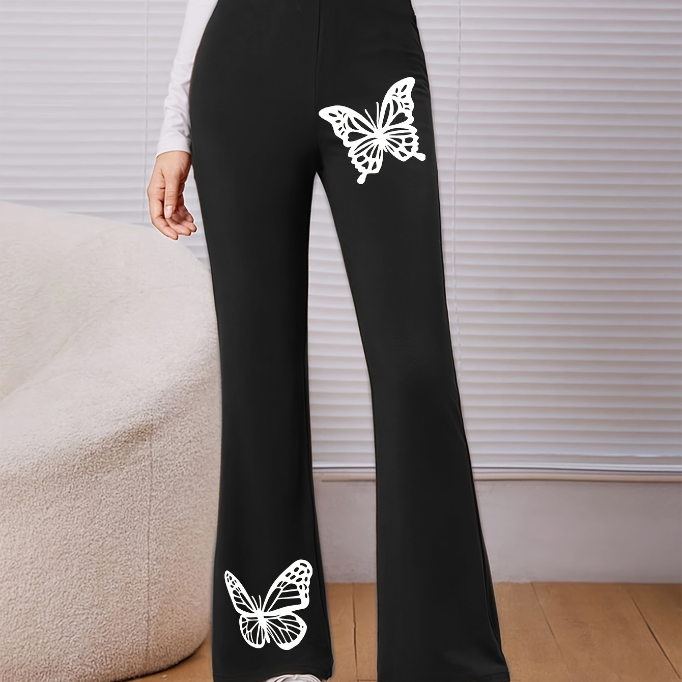 

White Butterfly Pattern Print Girls Casual Stretch Knit Flared Pants, Elastic Waist Bell Bottom Trousers For Autumn Winter