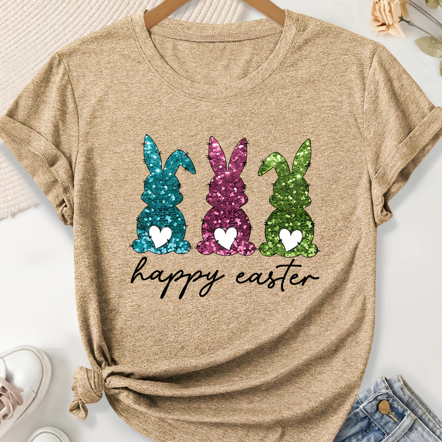 

Vintage Style Easter T-shirt, Women's Crew Neck Short Sleeve Top With Sequin , Polyester (75% Polyester, 20% Viscose, 5% Elastane), Medium Stretch Knit Fabric For Spring/summer/fall