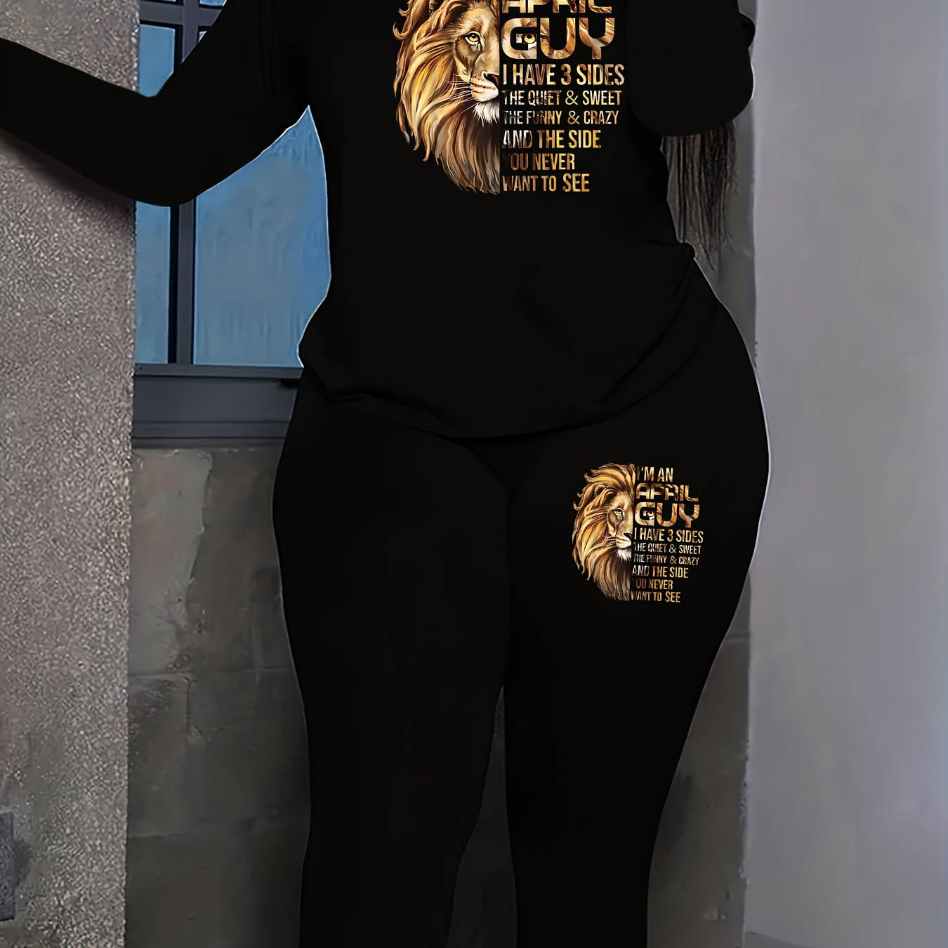 

Plus Size Lion Print Two-piece Set, Crew Neck Long Sleeve Top & Pants Outfits, Women's Plus Size clothing