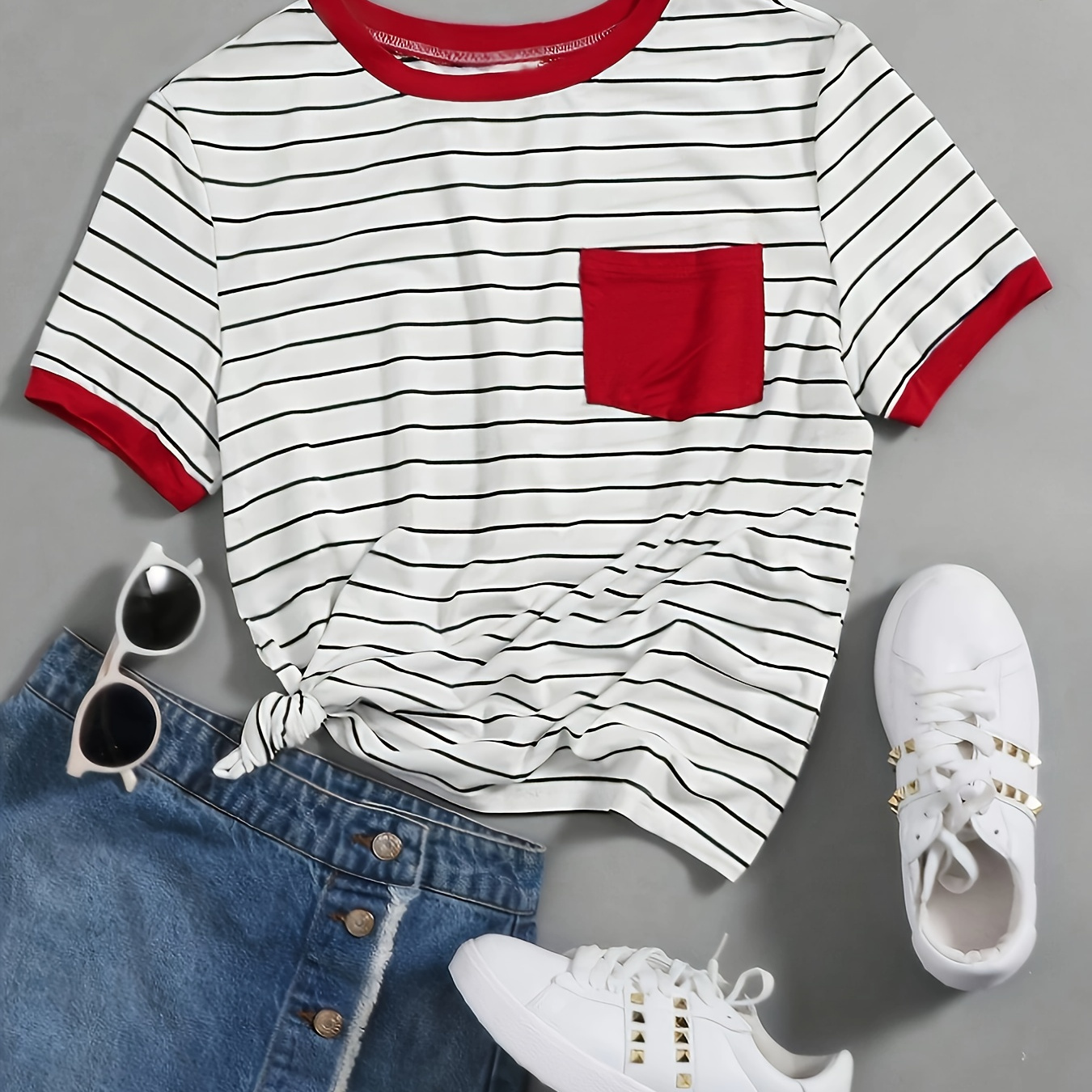 

Y2k-inspired Striped Print T-shirt For Women - Soft Polyester & Elastane , Crew Neck, Short Sleeve With Red Trim & Pocket Detail, Machine Washable - All