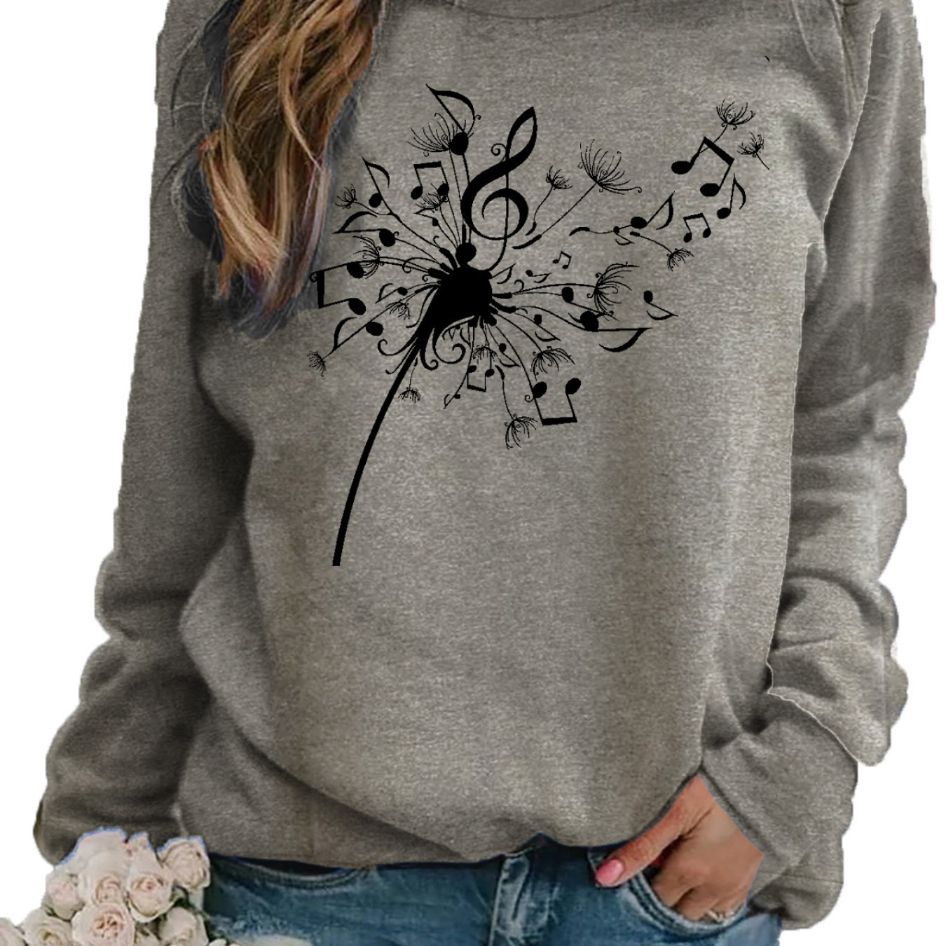 

Dandelion Print Sweatshirt, Crew Neck Casual Sweatshirt For Fall & Spring, Women's Clothing