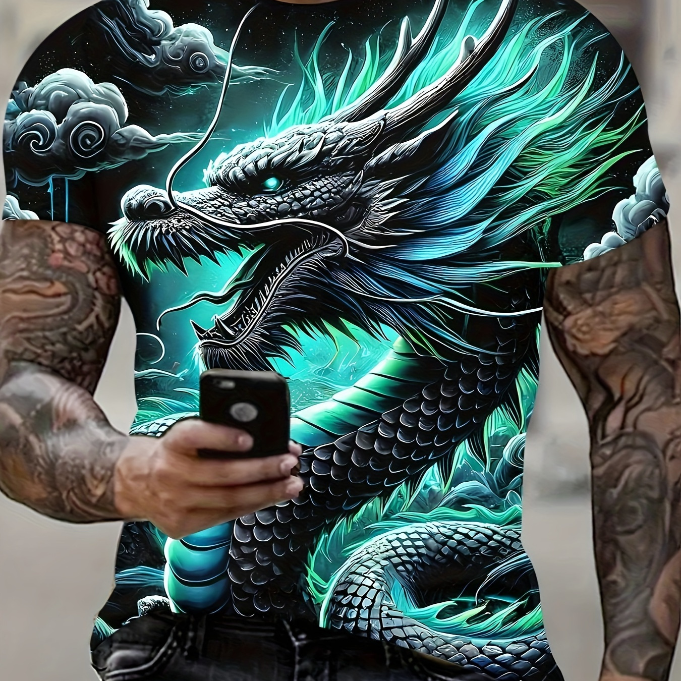 

Men's 3d Qinglong Dragon Print T-shirt, Casual Short Sleeve Pullover, Polyester Knit, Round Neck, Summer Outdoor Clothing, Regular Fit, Adult Size