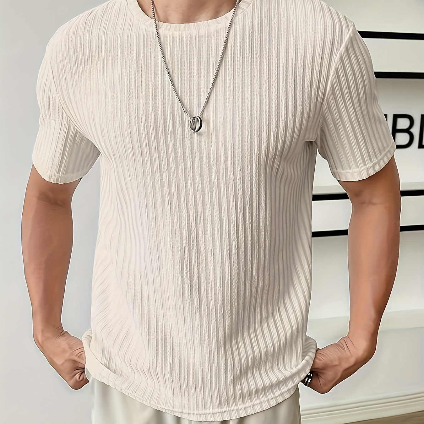 

Solid Stripe Pattern Knit T-shirt With Crew Neck And Short Sleeve, Casual And Breathable Tops For Men's Summer Fitness And Outdoors Sports Wear