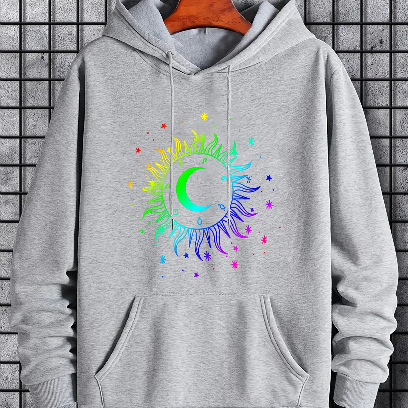 

Sun & Moon Print Hoodie, Hoodies For Men, Men's Casual Graphic Design Pullover Hooded Sweatshirt With Kangaroo Pocket For Winter Autumn, As Gifts