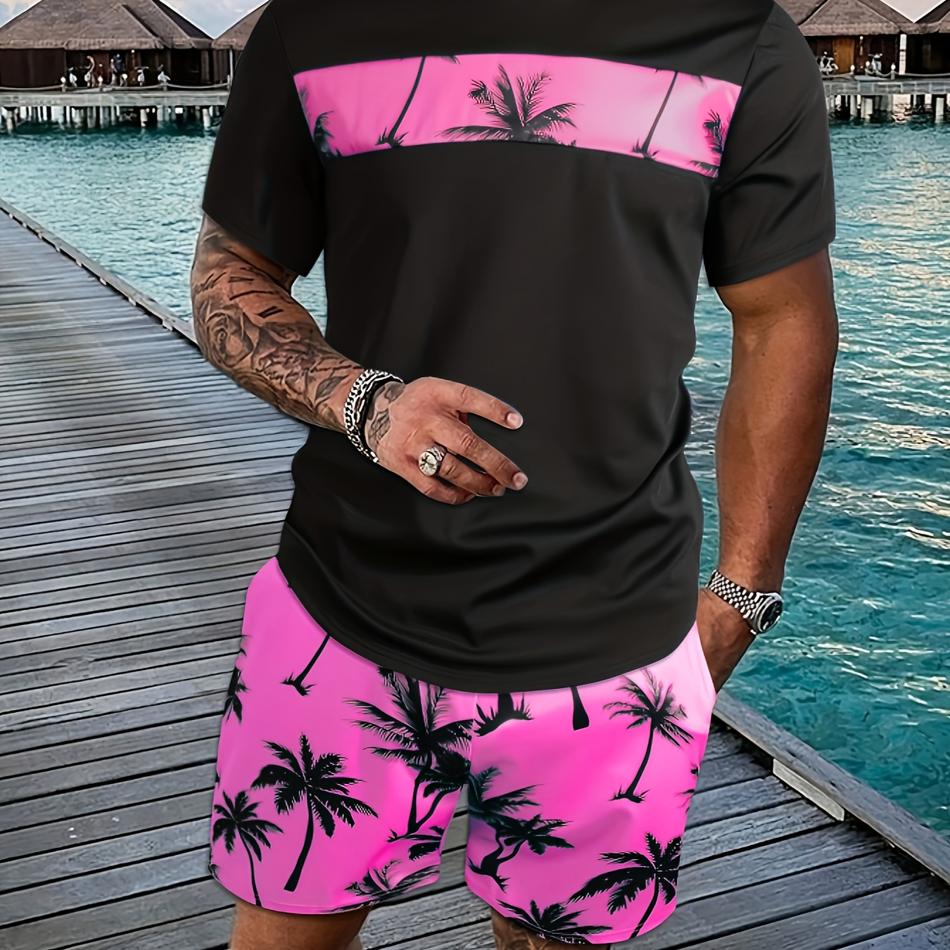 

2pcs Men's Trendy Coconut Tree Pattern Short Sleeve T-shirts & Pink Elastic Shorts, Comfy Breathable Casual Outfits, Men's Clothing