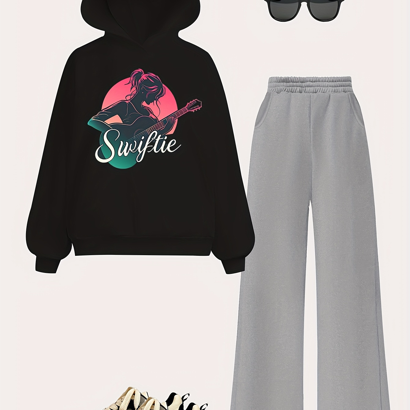 

Swiftie Girls' Street Style Cartoon Girl With Guitar Print Hoodie & Wide-leg Pants 2-piece Set - Fall/winter - Machine Washable