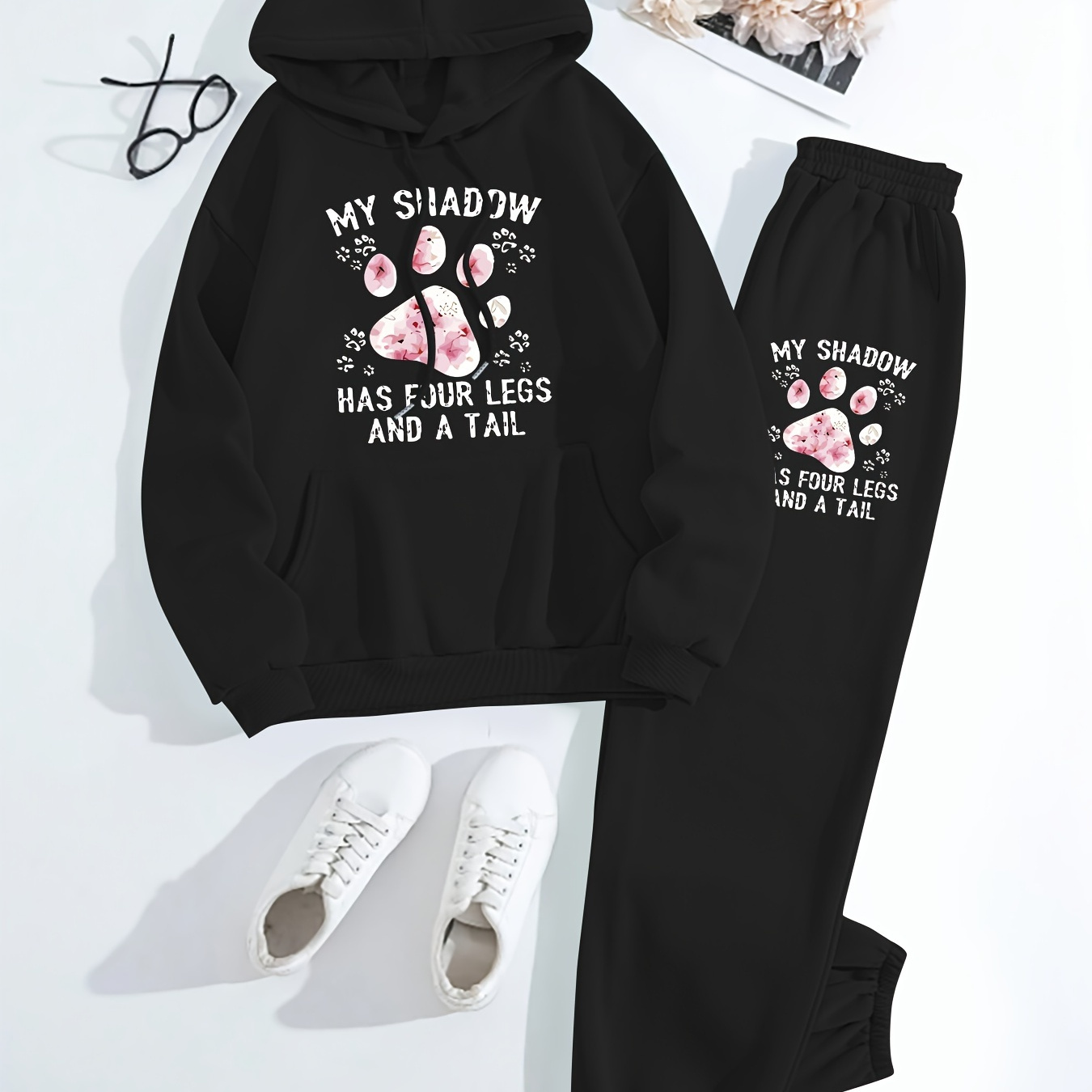 

Women's Casual Hooded Tracksuit Set With Paw Print Graphic, 100% Polyester Knit Fabric, Geometric-pattern Hoodie And Joggers With Pockets, Fall/winter Outfit