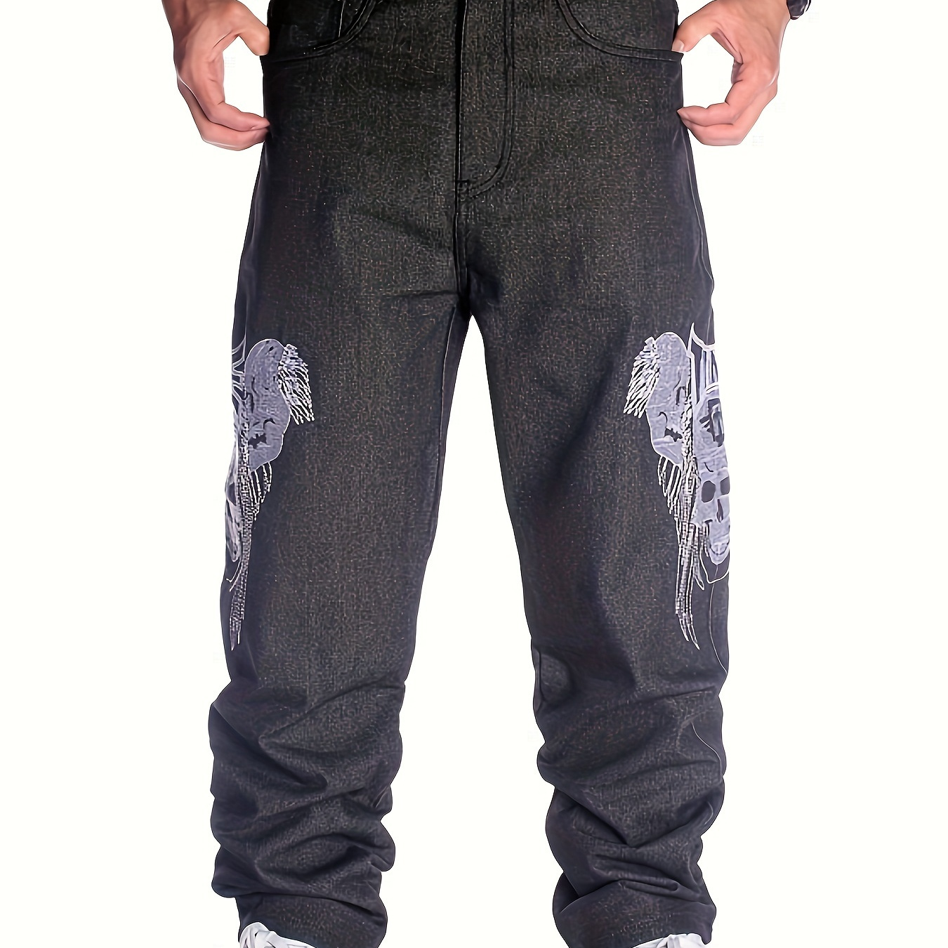 

Men's Trendy Casual Jeans With Skulls Pattern Print, Retro Hiphop Street Dance Loose Skate Pants