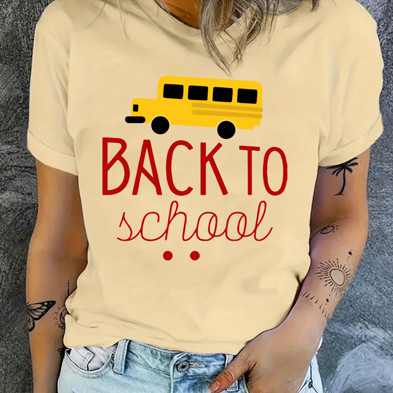 

Back To School Letter Print T-shirt, Cute Short Sleeve Crew Neck Top, Women's Clothing