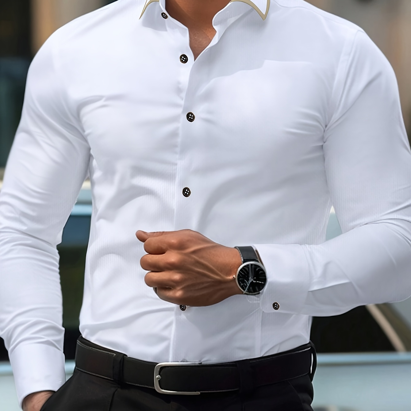 

Men's Casual Long Sleeve Button-down Shirt Polyester Solid Color Slim Fit With Collar And Cuffs Wear - Cs70