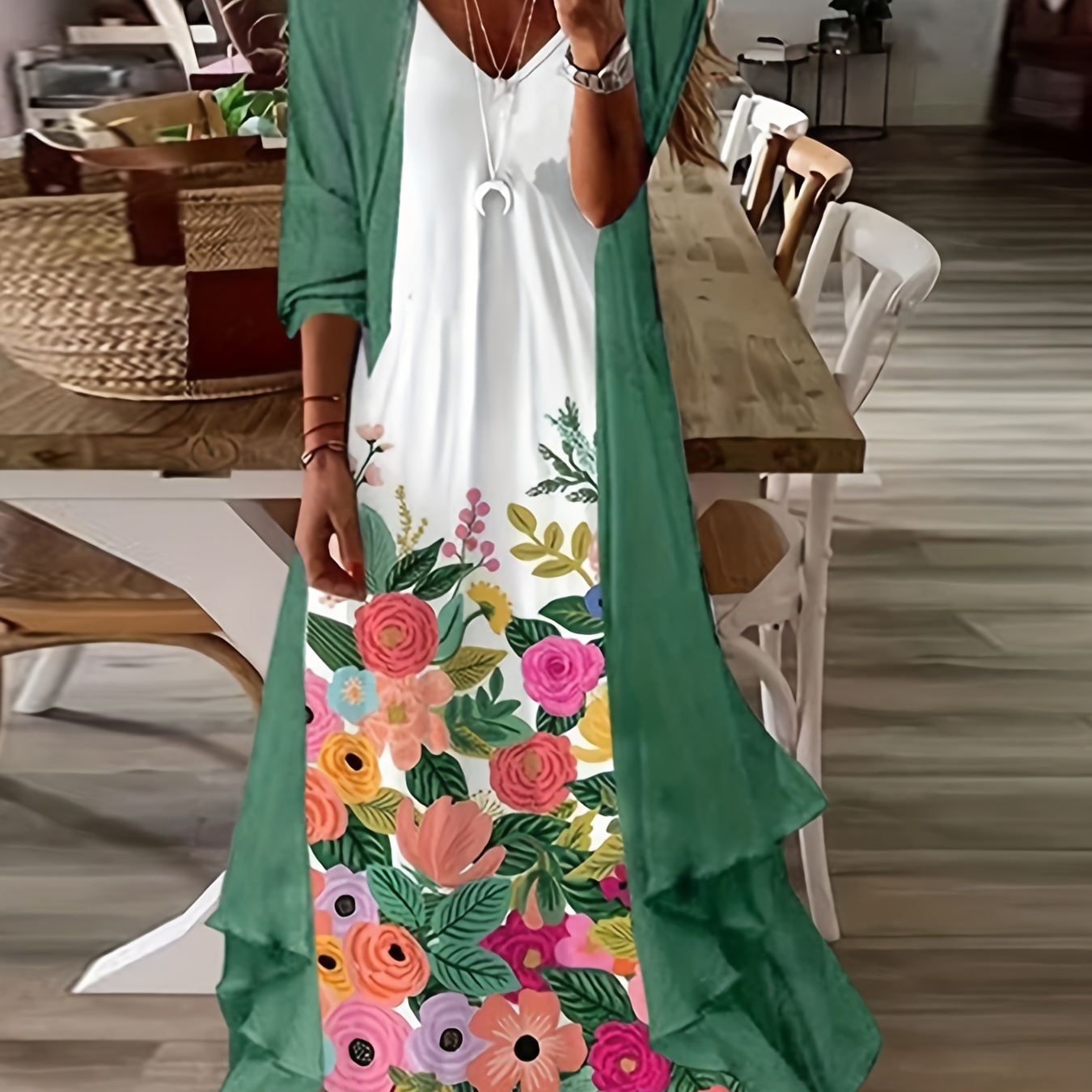 

Plus Size Casual Outfits 2 Piece Set, Women's Plus Floral Print V Neck Cami Dress & Solid Cover Up Outfits 2 Piece Set