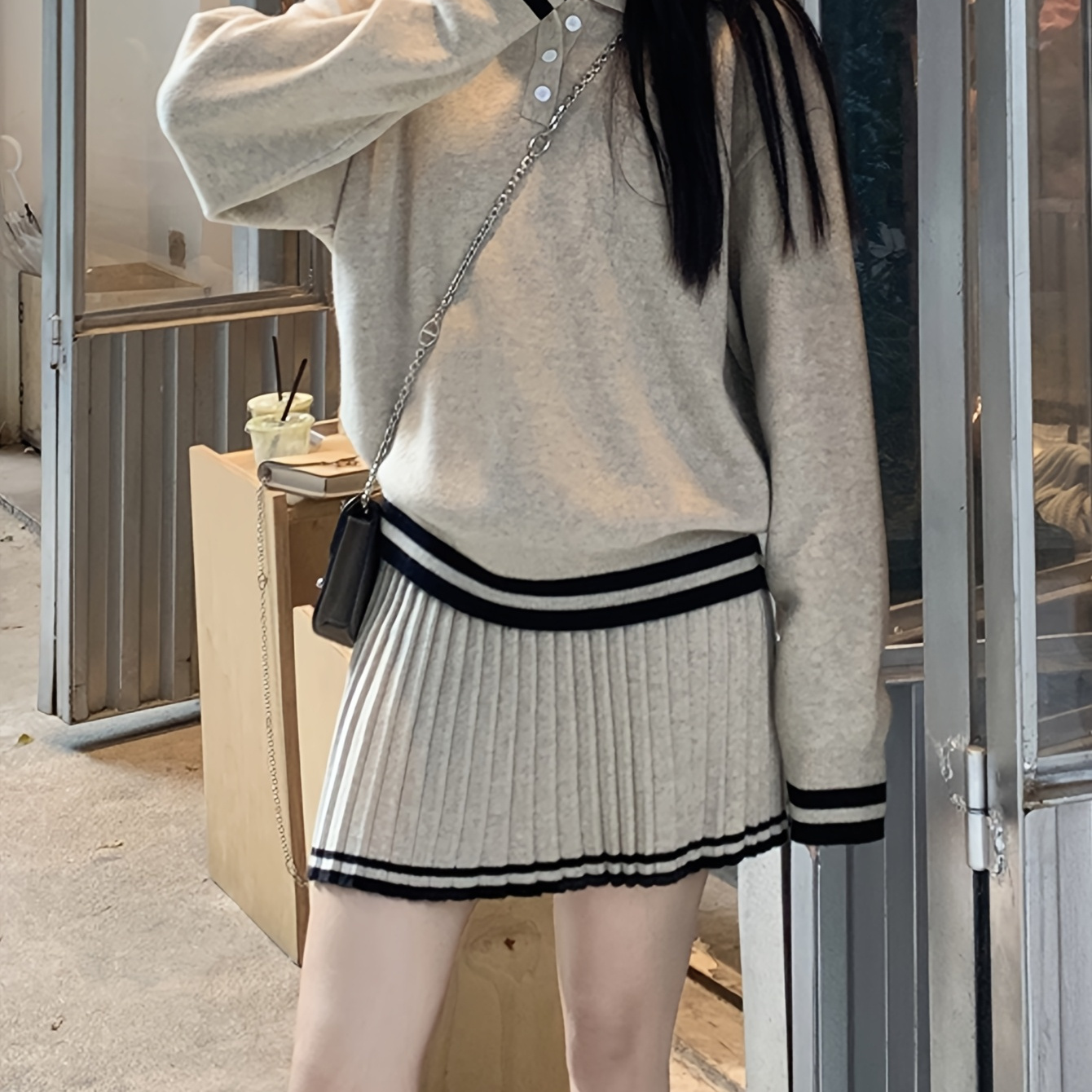 

Color- Striped Knit Sweater And Skirt Set For Women In Autumn And Winter, Sweater With High Waist And Pleated Skirt, Fashionable Two-piece Set