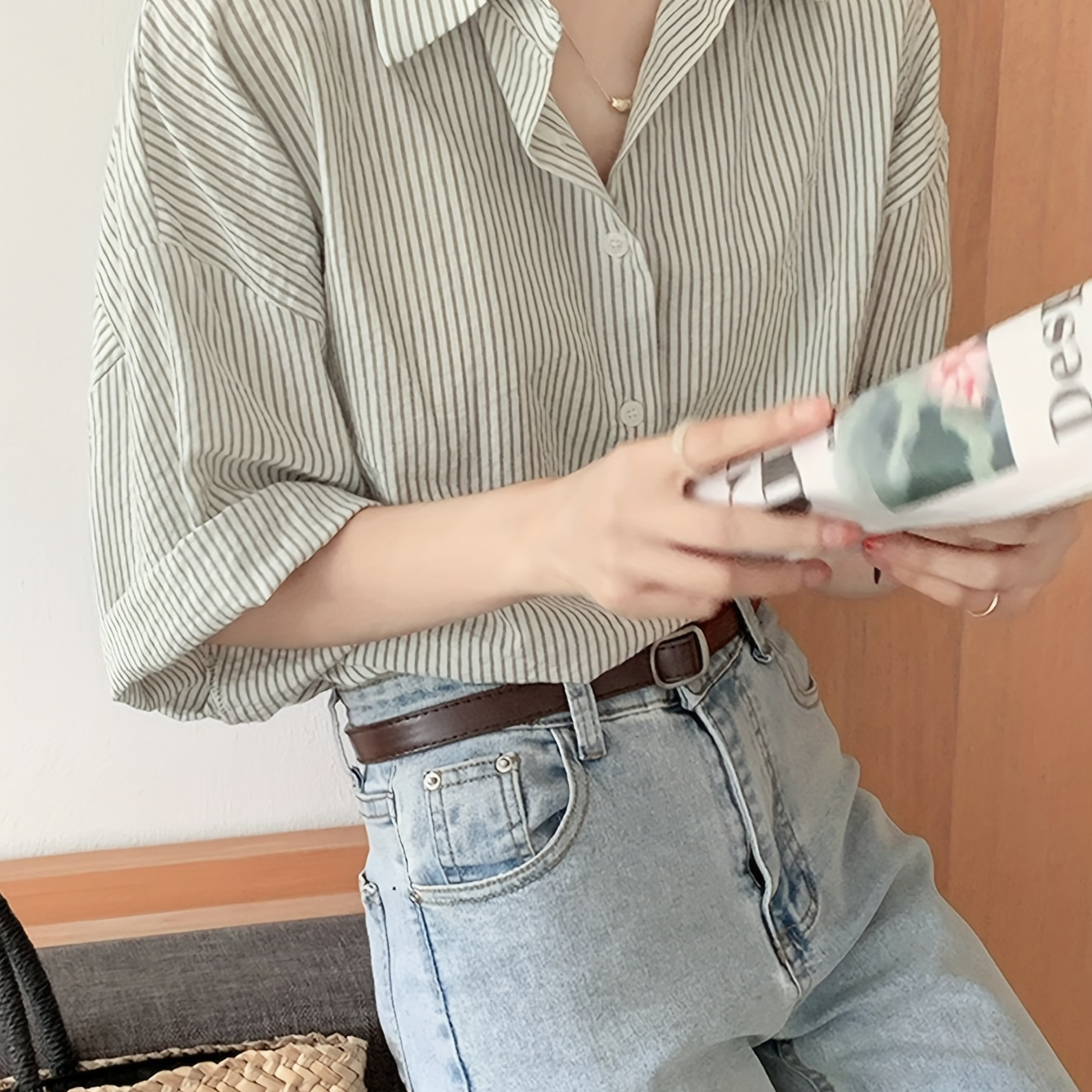 

Striped Print Button Front Shirt, Casual Drop Shoulder Shirt For Spring & Fall, Women's Clothing