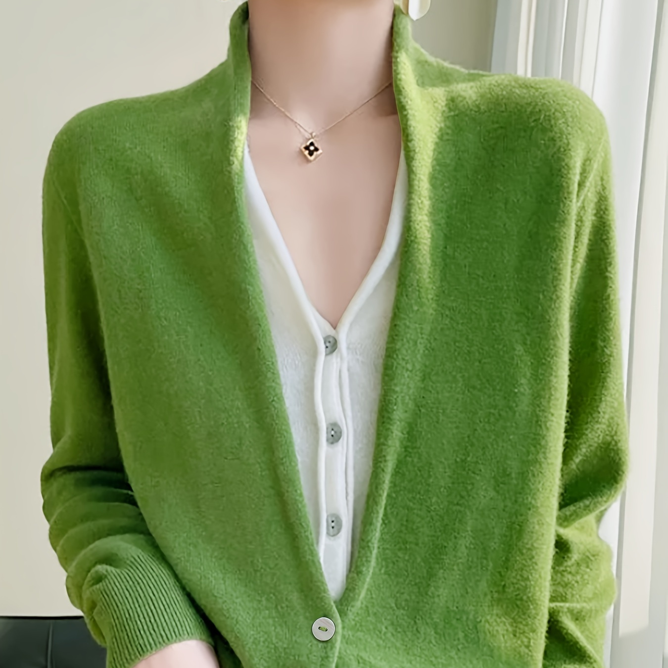 

Button Front Plunging Neck Cardigan, Stylish Solid Long Sleeve Rib Knit Cardigan, Women's Clothing