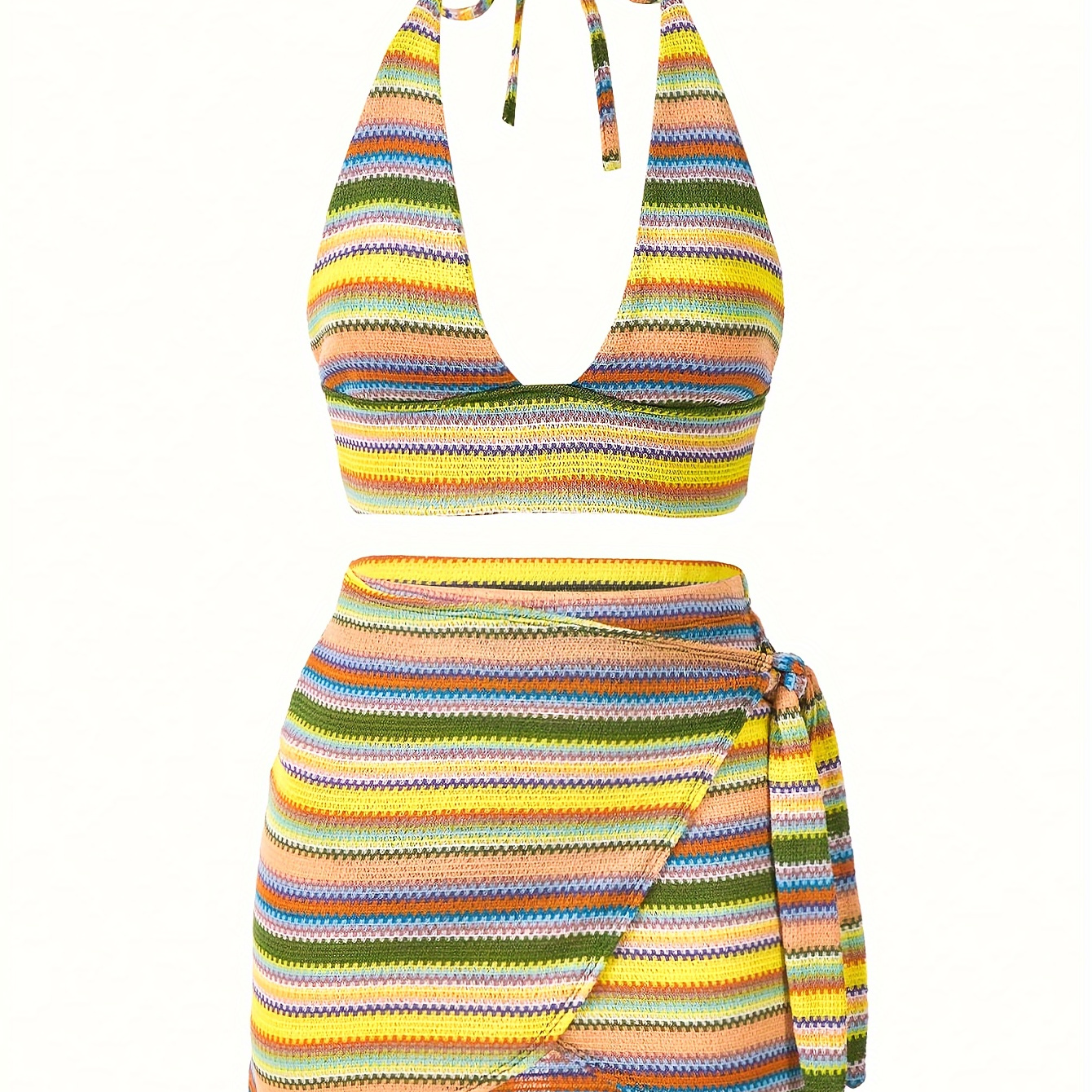 

Color Block Striped Pattern Skirt Suit, Vacation Halter Neck Backless Crop Top & Knot Slim Skirt Outfits, Women's Clothing