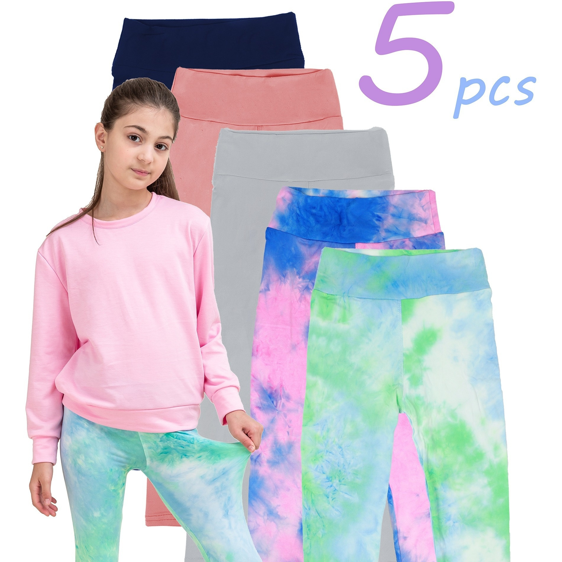 Leggings Imprimés Tie-dye Pour Filles - Taille Haute - Tissu Extensible Doux - Tailles 4-11 Ans - Lot De 5
